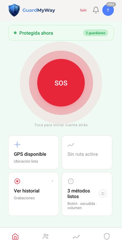 Pantalla principal de GuardMyWay con el botón de Código Rojo